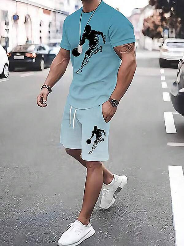 Conjunto de camiseta casual de manga corta con cuello redondo y estampado de figura, y pantalones cortos con cordón en la cintura para hombres