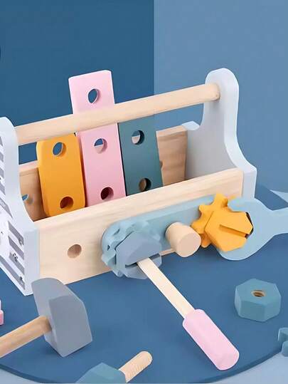 Caixa de Ferramentas MDF Brinquedo Montessori Desenvolvimento Infantil Baby Educativo Cores Claras