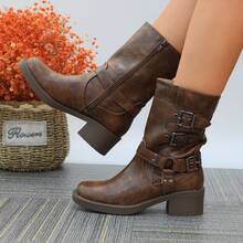 Women Buckle Strap Combat Boots Mid Calf Chunky Heel Motorcycle Boots For Women Casual Vintage Style Non-Slip Riding Boots Faux Leather Winter Shoes Durable Side Zipper Lace Up Rugged Outdoor Footwear Comfortable Everyday Boots - 科涅克白蘭地 - 查看 2