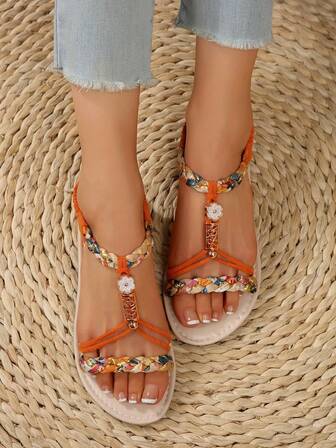 Sandalias planas tejidas informales con decoración de perlas vintage para mujer, para el verano