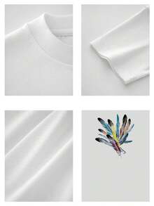 Camiseta de Hombre de Algodón Grueso 220g - Plumas Coloridas, Estilo Elegante y Artístico - Blanco - Ver 5