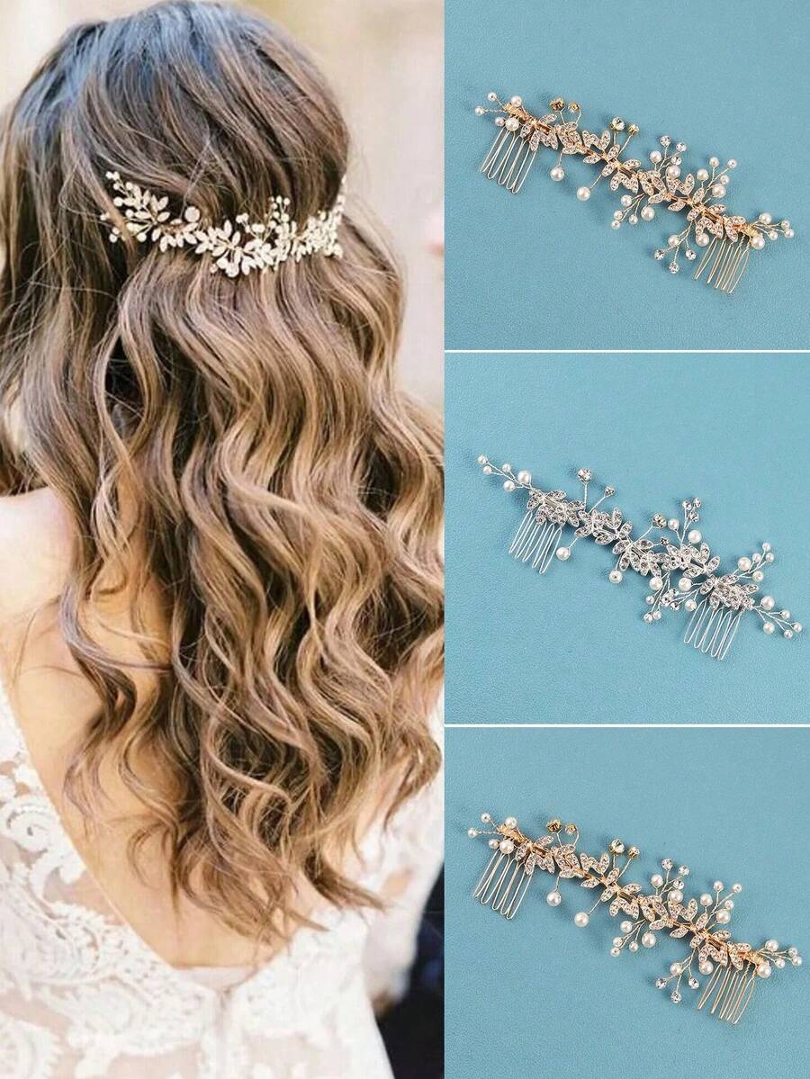 1件银色水晶珍珠婚礼发梳，新娘发饰，带叶子装饰，适合女性情人节配饰 - 金色 - 查看 1