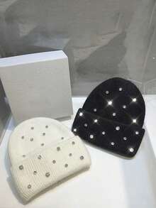 1顶男女通用手工针织帽，饰以水钻和兔毛，闪亮休闲针织帽，适合秋冬季节，圣诞礼物 - 手工兔子仿鑽石兔毛針織帽 - 查看 7