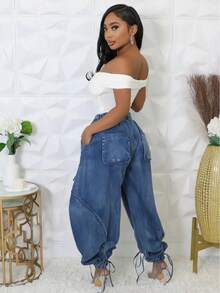 HERTALK Women's Baggy Y2K Elastic Waisted Jeans Bow-Knot Drawstring Pull-On Cargo Denim Pants Harem Pants Streetwear Baggy Jeans Mujer Jeans High Waist Black Jeans For Women