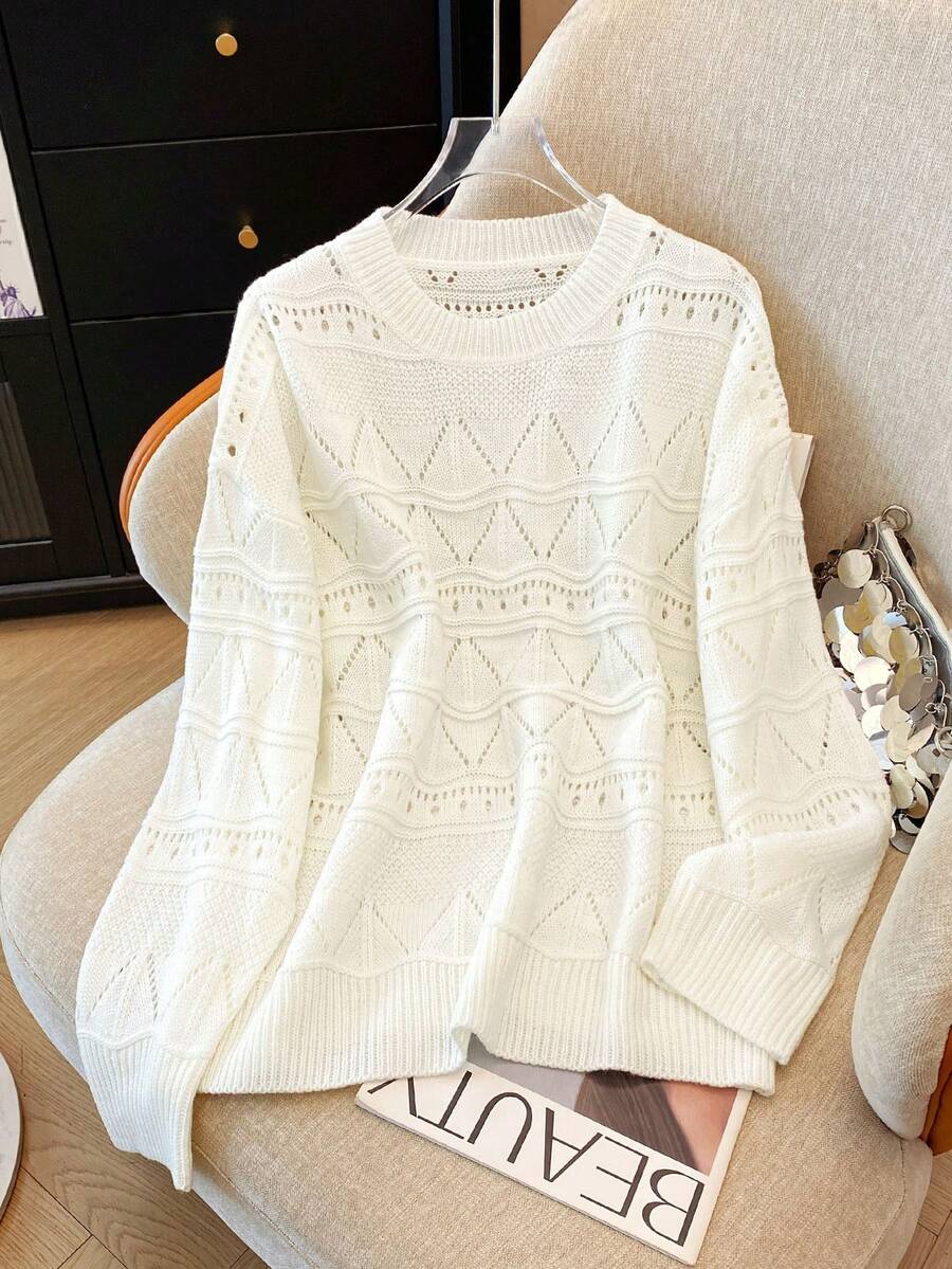 「 Jumpers For Women」Ladies' Simple And Casual Openwork Knit Solid Color Raglan Sweater [Back To School Season] - White - View 1