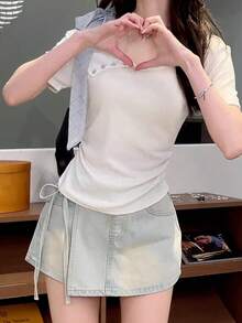 Women White Short Sleeve Cold Shoulder Top, Summer - White - View 3