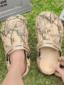 Men's Breathable Printed Holey Slip-On Slides, Closed Toe Sandals, Thick Sole Casual Vacation EVA Beach, Spring/Summer - Khaki - View 2
