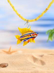 1pc Fashionable Multi-Color Beaded Necklace With Ocean Theme Hexagon, Mushroom, Glass Pendant, Suitable For Valentine's Day, Couple, Best Friends, Family Party, Gift, Beach, Daily Wear For Women