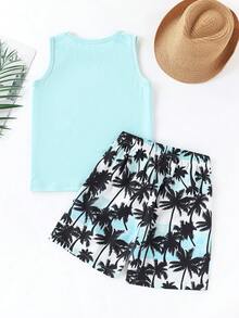 2 件男童休闲树形图案无袖 T 恤和松紧腰夏威夷短裤 - 薄荷藍 - 查看 3