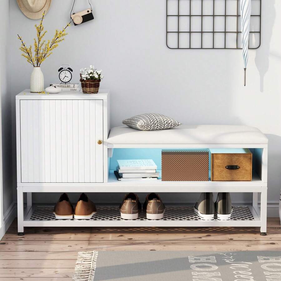Sweiko Shoe Cabinets For The Entrance With Storage Space, 1-Layer Shoe Rack With Padded Seat, Shoe Stool With Cabinet, Suitable For Entrance, Hallway, Living Room, Bedroom, Wardrobe (100*38*59.7cm) - 白色 - 查看 1