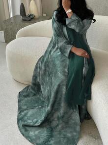 1pc Elegant Casual Graceful Printed Slit Sleeve Abaya, Dubai Middle Eastern Islamic Fashion Long Robe Kaftan Without Hijab, Suitable For Daily Use And Gatherings Eid Spring - Green - View 1