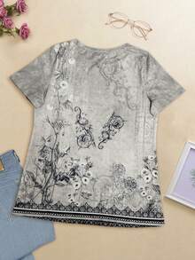 Summer Fashion Plant Print Casual Short Sleeve T-Shirt - Grey - View 3