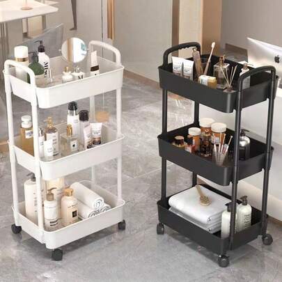 3-Tier Black Rolling Storage Cart With Golden Handles - Durable Plastic, Portable Organizer For Bathroom, Kitchen, And Living Room - 360-Degree Swivel Base, Easy Access Shelves, Ideal For Indoor And Outdoor Use, Bathroom Storage Solution|Modern Storage Cart|Durable Plastic Shelf, Bathroom Storage Organizer, Bathroom Organizer Shelf