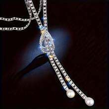 1pc Fashionable & Elegant Rhinestone Tassel Pearl Necklace - Silver - View 7