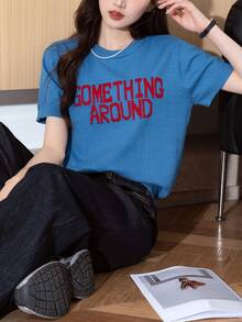 Tonlion Women's Casual Retro Contrast Color Letter Print Crew Neck Knit Short Sleeve Top, Summer