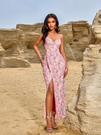 女士时尚网眼花朵印花露背高开衩长款吊带背心连衣裙，适合日常和特殊场合，春夏季假日连衣裙