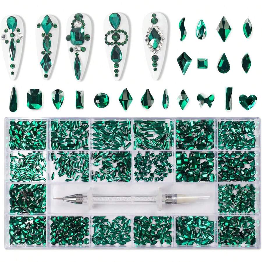 URO Makeup Essentials Madeshow Nail Art Rhinestones, 1000 Diamantes con Formas Especiales, 20 Estilos de Adornos de Cristal Plano Mezclado, Juego de Piedras Preciosas y Deslumbrantes para Uñas, Manualidades, Decoración de Disfraces (Verde)
