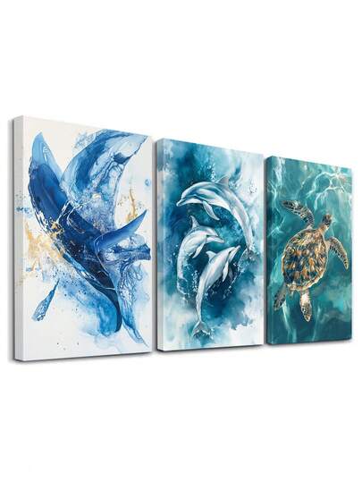 3pcs Aqua Poster, Turtle Swim Canvas Print Wall Arts, Blue Waves Poster, Sea Creatures Art Prints, Dolphins Play Wall Decor, Ocean Life Artwork, Modern Home Decor, Room Aesthetic, Posters, Ideal Gift, Optional Frame ,Wall Art With Frame