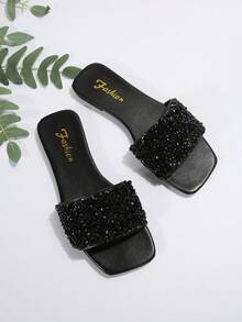 大码拖鞋和凉鞋，新款春夏方头平底凉鞋，搭配连衣裙让腿看起来更长，时尚凉鞋，漂亮女孩夏季沙滩一脚蹬防滑人字拖 - 黑色 - 查看 4