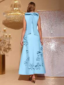 Modphy 新款优雅高领无袖紧身连衣裙，3D 花卉装饰，蝴蝶腰带和腰带，适合婚礼宾客、伴娘、节日派对、正式晚礼服 - 藍色 - 查看 5