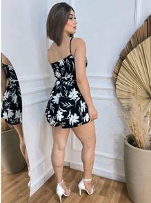 Macaquinho Vestido Feminino Estampado Flores Preto e Branco, Short por baixo Forro Casual