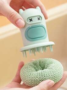 1 set Brosse de cuisine en pot style dessin animé avec pression automatique. Brosse de nettoyage et d'élimination des taches de pot mignonne.