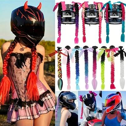 1 pieza Pelucas de trenzas de 22 pulgadas en colores rojo, negro, verde, amarillo, morado, rosa y azul para casco de motocicleta con ventosa desmontable con lazo (el casco no está incluido)