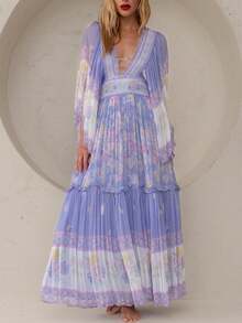 Women Long Sleeve Boho Maxi Dress Floral Printing V-Neck Tie Up Backless Casual Long Dress Flowy Sundress Beachwear - 紫色 - 查看 1