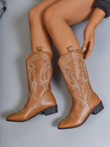 2025 秋冬女式刺绣粗跟牛仔靴、派对时尚西部靴 - 棕色 - 查看 6