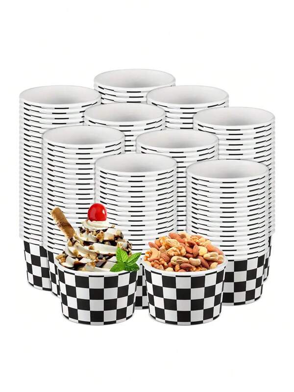 20 piezas Tazas de papel para helado, postre, pastel, pudín, yogur en diseño de cuadrícula blanco y negro, tazas de papel para helado, tazas para hornear magdalenas y pasteles