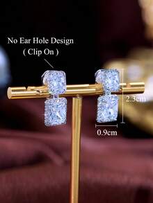 1 Pair Simple Style Elegant Double Baguette Cut Cubic Zirconia Clip On Earrings, Square Drop Dangle Silver Plated Non-Pierced Wedding Jewelry For Engagement, Bridal, Banquet, Party, Prom To Women, Brides, Bridesmaids - White - View 6