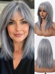 16 Inch Long Straight Grey Wigs With Bangs Synthetic Wigs For Women Ordinary Work, Life, Dance Parties And All Occasions Use