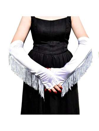 1pc Single Layer Long White Tassel Stage Performance Party Gloves, Multi-Color Options, Fashion Sexy Gala Etiquette Gloves