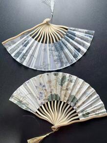 1pc Traditional Ink Painting Hand Fan, Retro Classical Style, Handheld Bamboo Fabric Fan, Portable Vintage Cheongsam Accessory, Elegant Floral Pattern With Tassels, Home Decor And Personal Use
