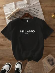 MILANO Italy Camiseta gráfica de manga corta con cuello redondo de algodón negro para mujer, 190 g, camiseta informal elegante con estampado elegante, camiseta de verano ligera y suave, declaración de moda cómoda y versátil - Negro - Ver 1
