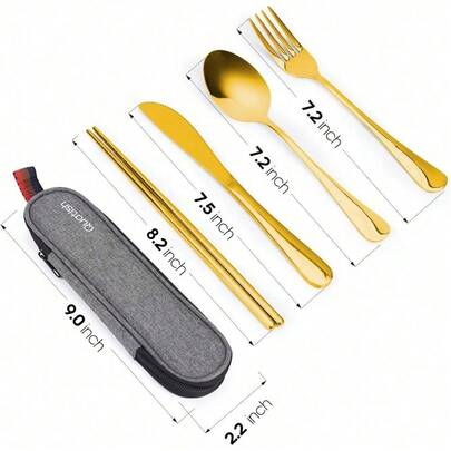 With Case, Quatish Portable Silverware Set For Work, Stainless Steel Reusable Travel Cutlery Set, Fork And Spoon Set For Camping, Picnic, Gadgets, Lunch Box For Men, Gold