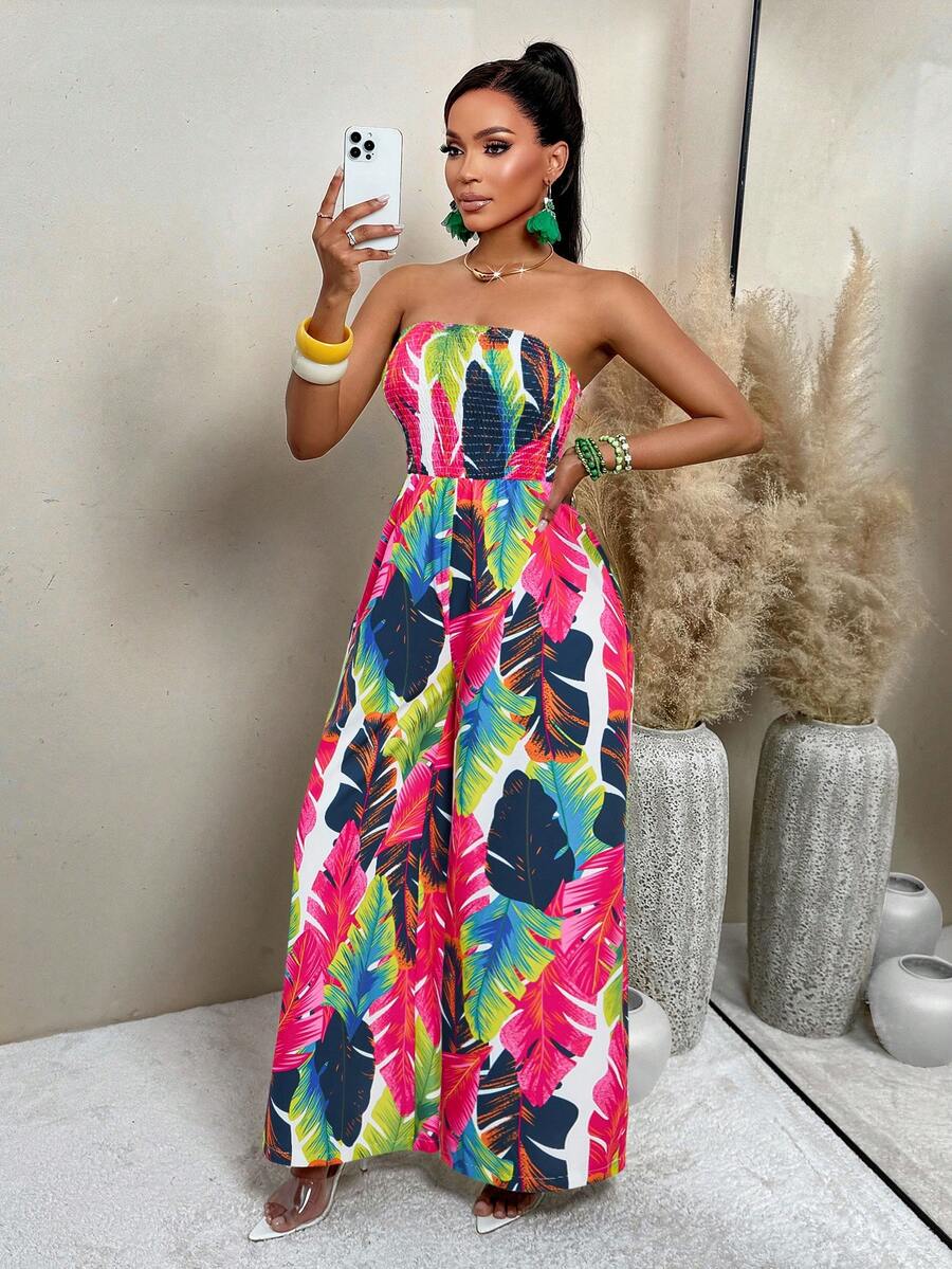 AIJ Women's Vintage Floral Print Pleated Wide Leg Jumpsuit (Random Print), Summer - Blue - View 1