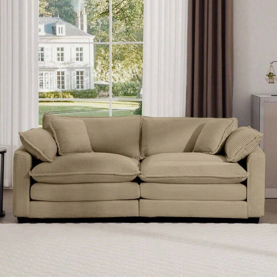 Modern Fabric Living Room Sofa With 4 Pillows Upholstered Large Deep Seating Loveseat, Tan Corduroy - 1 - View 1