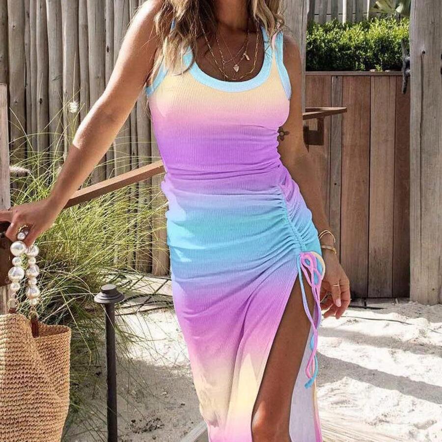 Chicme Ribbed Sleeveless Drawstring Ruched High Slit Dress Casual Sexy Satin Flutter Sleeve Wedding Guest Dress Paris Vma Formal Womenswear - Multicolor - View 1
