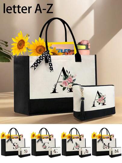 2pcs/Set Floral Initials Printed Canvas Tote Bags, Personalized Birthday Gift For Women, Handbag And Tassel Pendant Makeup Bag, Teachers' Day Gift, Beach Bag With Scarf, Letter Printed Travel Simple Storage Bag, Travel Makeup Bag, Teacher Gift