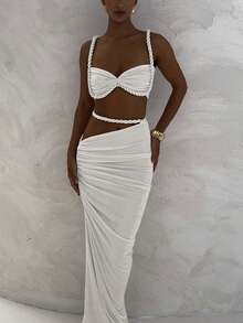 Conjunto de camiseta sin espalda sexy y falda larga plisada para mujer, conjunto de vestir de verano en color blanco - Blanco - Ver 3