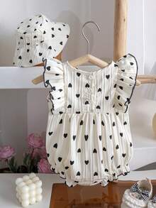 2件套新生女宝宝可爱时尚爱心印花无袖连体衣和帽子套装，夏季