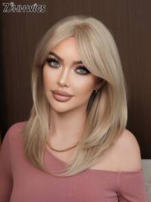 7JHH WIGS 优雅的 20 英寸灰金色女士假发 - 纹理齐肩直发分层假发，带窗帘刘海，优质丝绸合成耐热纤维假发，适合日常佩戴、节日准备和家庭聚会使用、母亲节礼物和毕业礼物 - 初学者无胶假发配件 - 灰色 - 查看 2