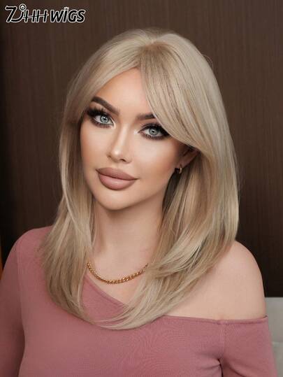 7JHH WIGS 优雅的 20 英寸灰金色女士假发 - 纹理齐肩直发分层假发，带窗帘刘海，优质丝绸合成耐热纤维假发，适合日常佩戴、节日准备和家庭聚会使用、母亲节礼物和毕业礼物 - 初学者无胶假发配件