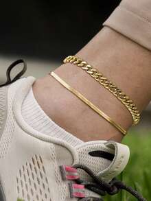 Tkool 2pcs/Set Fashionable Stainless Steel Gold-Tone Cuban Link & Snake Chain Anklets, Suitable For Daily Wear & Beach - Yellow Gold - View 6