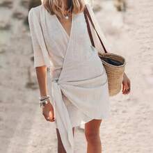 Cotton Linen Dresses Women'S Sexy V Neck Solid Color Pleated Swing Split Mini Dress Party Elegant Chic Vestidos For Womens - Grey - View 6