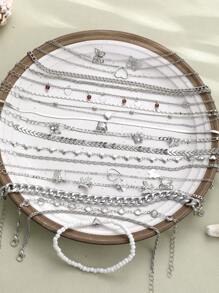 19/6 Stücke Strandsommer Ferien Herz Schmetterling Perlen Kunststein Quaste Charm Kette Fußkettchen Set, minimalistischer Metallakzent, elegantes vintage Design, geeignet für Urlaub, Partys, Geschenke, Alltag