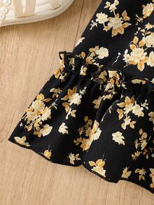 少女花卉印花吊带连衣裙，带蝴蝶结和荷叶边 - 黑色 - 查看 5