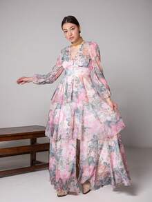 Women's V-Neck Layered Random Floral Print Puff Sleeve Elegant Dress - Pink - View 1