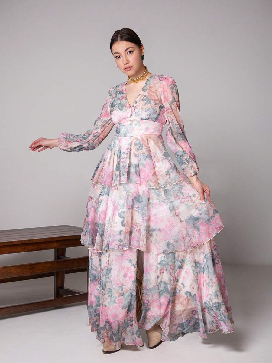 Women's V-Neck Layered Random Floral Print Puff Sleeve Elegant Dress - Pink - View 1